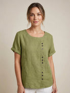 Relaxed Fit Linen Button-Up Tee in breathable cotton linen with short sleeves and stylish button detail