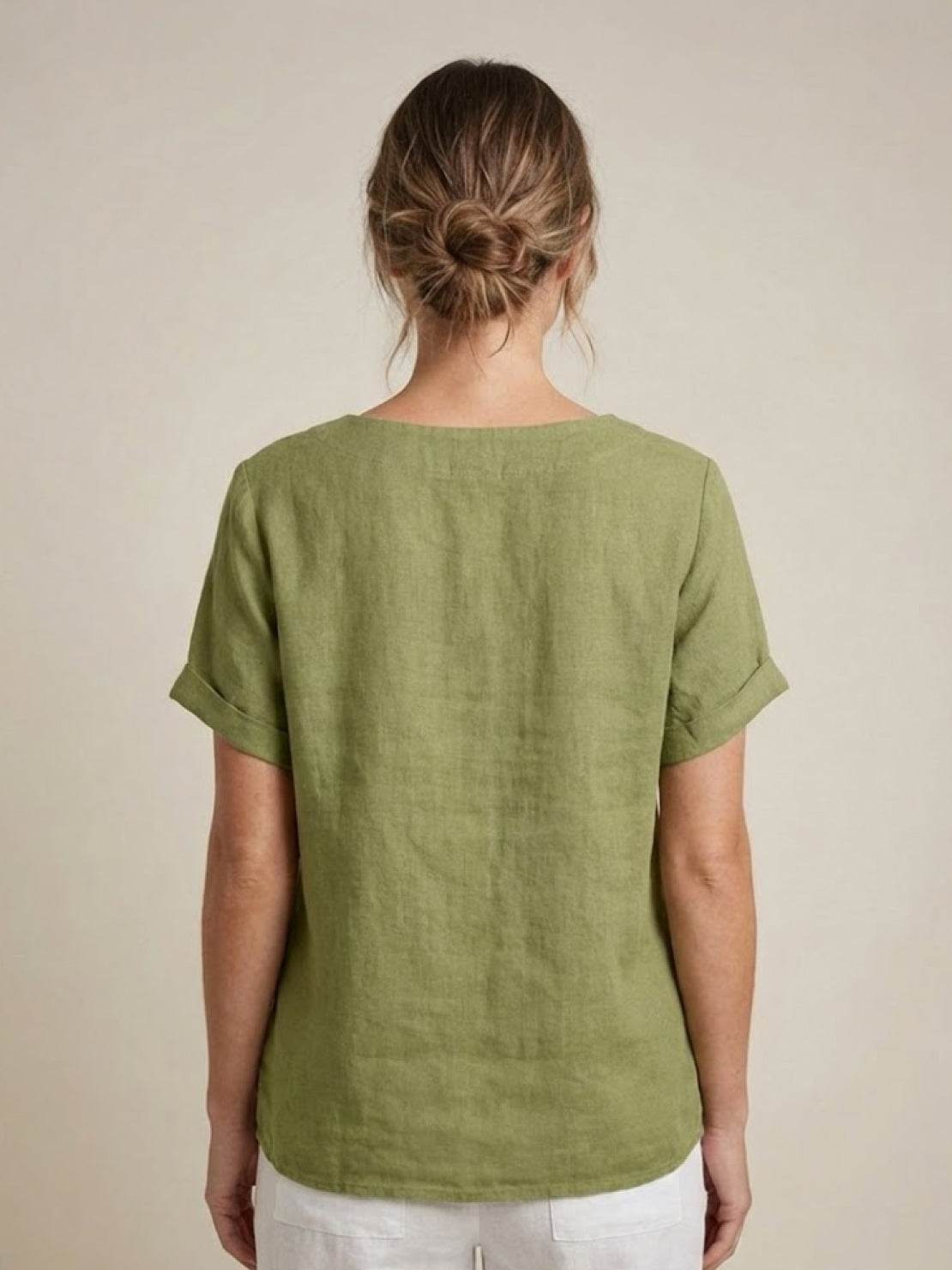 Relaxed fit linen button-up tee with lightweight breathable fabric and stylish buttons