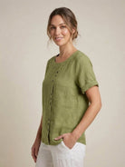 Relaxed Fit Linen Button-Up Tee with breathable cotton and linen fabric, short sleeves, round neck, and stylish button detail