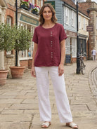 Relaxed Fit Linen Button-Up Tee with breathable cotton, short sleeves, round neck, and stylish button detail