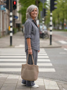 Model wearing oversized 100% cotton shirt and wide-leg pants co-ord set in relaxed fit