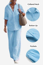 Light blue relaxed shirt and trousers two-piece set with collared neck, button-up front, and pockets, styled for casual comfort and everyday wear.