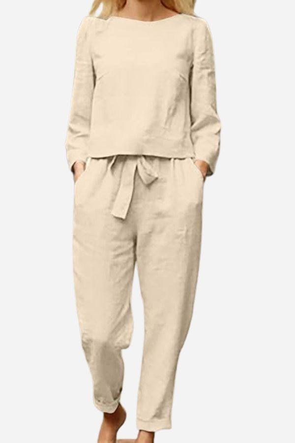 100% cotton linen beige monochrome two-piece women's set with long sleeves and relaxed fit pants