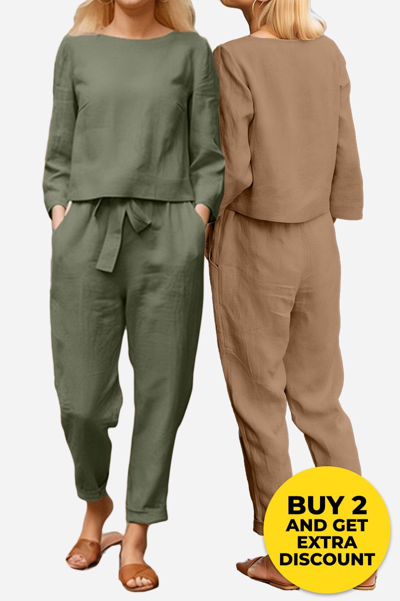 Retro monochrome linen two-piece sets in green and brown breathable cotton-linen fabric with long sleeves and pants.
