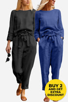 Two-piece 100% cotton linen monochrome sets for women in black and blue with long sleeves and tie-waist pants