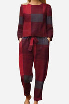 Retro patterned linen two-piece set in red and gray with long sleeves and tie-waist pants