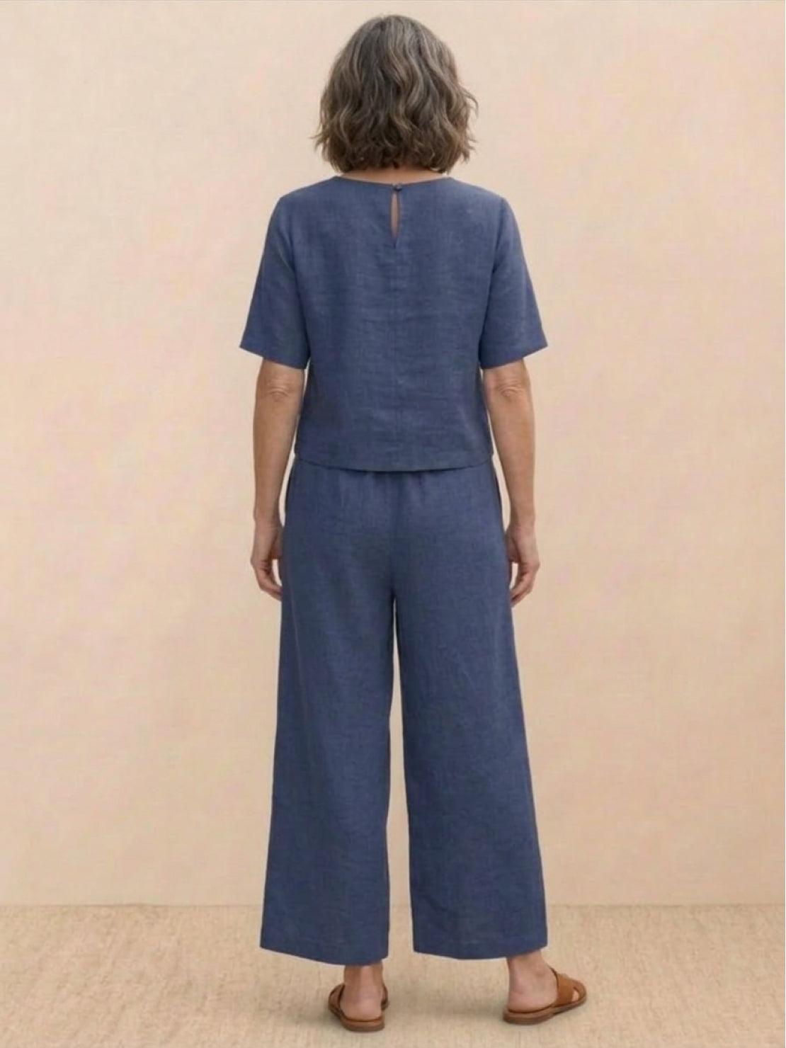 Woman wearing the Meadow loose fit co-ord set with soft-tailored top and wide-leg bottoms in relaxed style