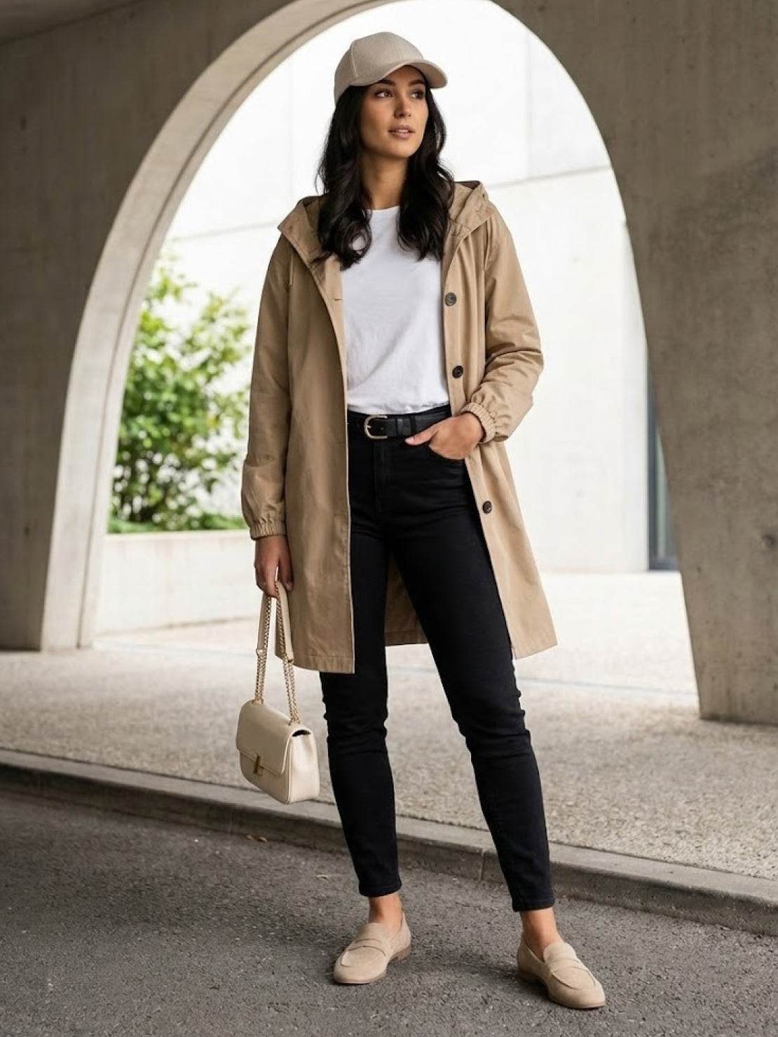Woman wearing beige Rain Couture Windbreaker with hood, white t-shirt, black pants, beige cap, and beige loafers carrying light beige handbag.