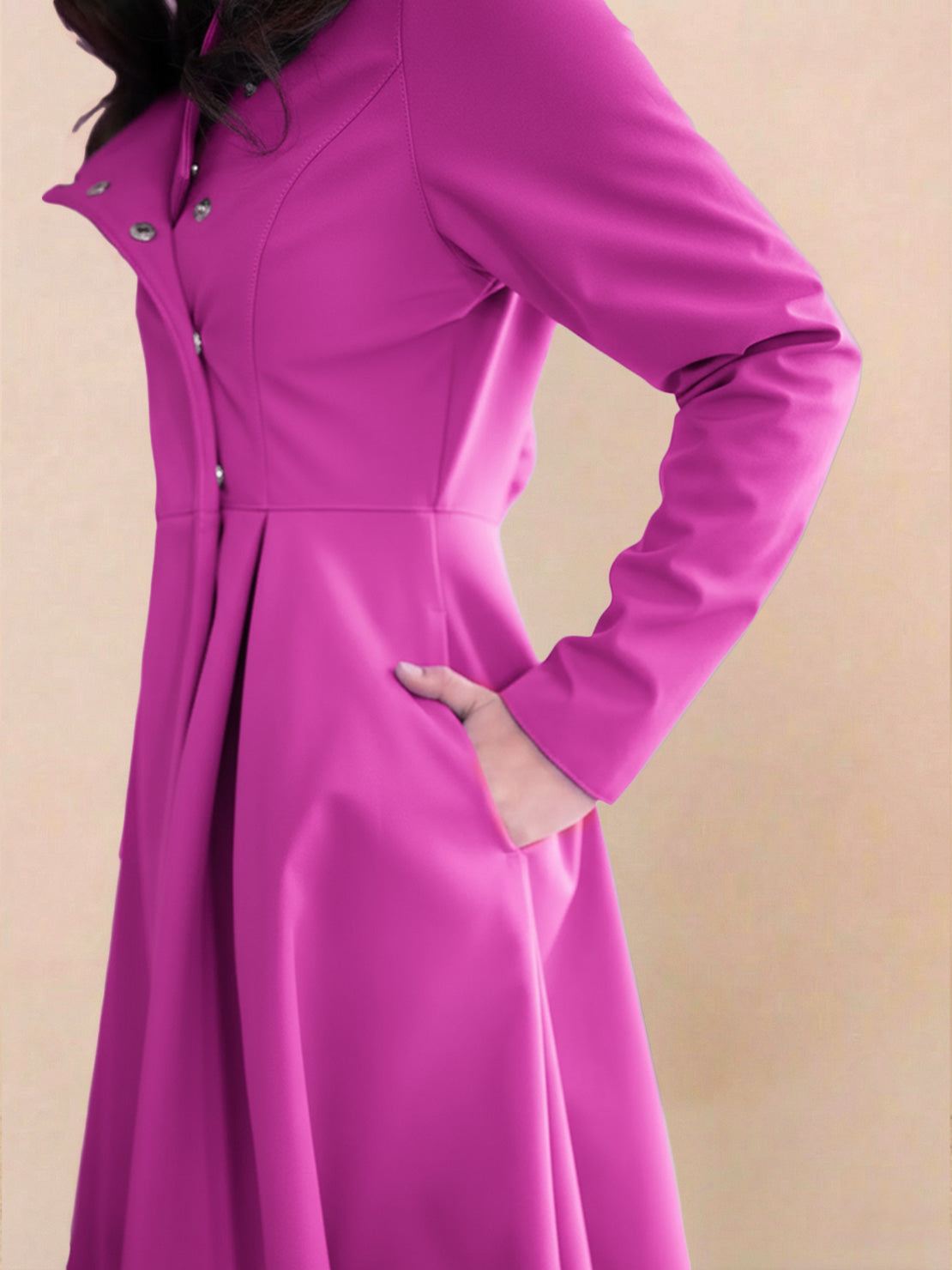 Water-repellent A-line hooded raincoat with matching belt for women